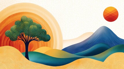 Poster - Vibrant Abstract Landscape with Tree, Sun and Mountains in Warm Color Palette and Flowing Lines