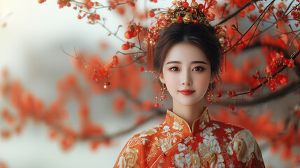 serene woman in traditional attire stands amidst vibrant red blossoms, exuding elegance and grace.