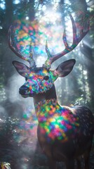Poster - A stunning deer stands gracefully in a mystical forest, its crystal antlers reflecting an array of colorful lights. The ethereal atmosphere ignites the enchanting beauty of nature at dusk