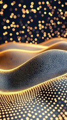 Poster - Abstract waves of glowing golden dots illuminated by blurred bokeh lights on a dark background