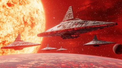 Poster - Futuristic Spaceships in Red Nebula Surrounding a Bright Star Over an Otherworldly Planet Surface