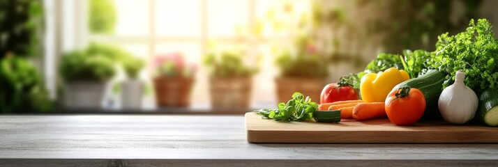 Poster - Fresh vegetables resting on a wooden cutting board, surrounded by potted plants and illuminated by sunlight streaming through a nearby window, create a vibrant kitchen scene