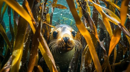 Poster - Underwater in a dense kelp forest, a curious sea lion peeks through the golden strands, its whiskers glistening with water droplets. The lively atmosphere showcases diverse marine life