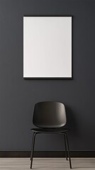 Poster - Minimalist interior design featuring a blank frame mockup on a dark gray wall, a black chair placed in front, creating a stylish and modern space for showcasing artwork or designs
