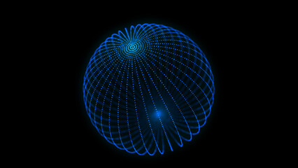 Poster - Abstract blue sphere on black background. Wireframe circle structure with glowing particles. Futuristic digital illustration. 3D rendering.