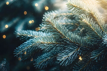 Wall Mural - Winter beautiful green fir tree branches background. Spruce with needles. Closeup. Nature winter banner. Christmas wallpaper concept with copy space