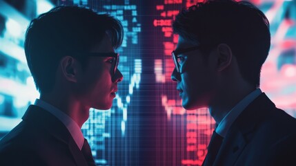 Poster - Two business professionals face off against a backdrop of data and technology.