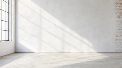 Poster - Sunlight streaming through a large window fills a spacious, empty room, casting shadows on white walls and illuminating the wooden floor with rustic brick accents