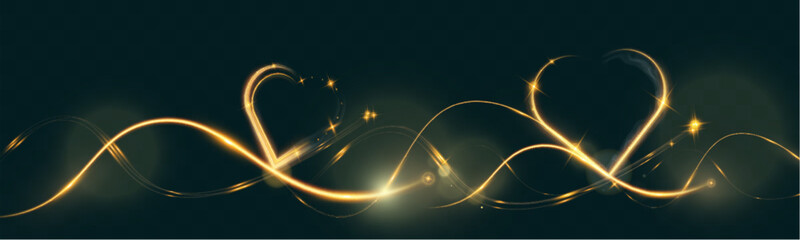 Poster - Golden glowing light trail forming a heart shape with sparkles and smooth curves on dark background, symbolizing love, romance, and celebration.