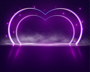 Poster - Futuristic modern empty stage with reflective dark room, glowing neon heart shape, and cloud. 3D render for romantic, tech, and creative design projects.
