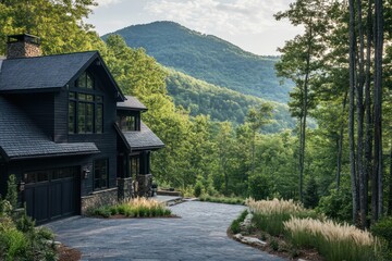 Wall Mural - A tranquil mountain home with dark wood siding, a stone-paved driveway, and forested hills rising in the background