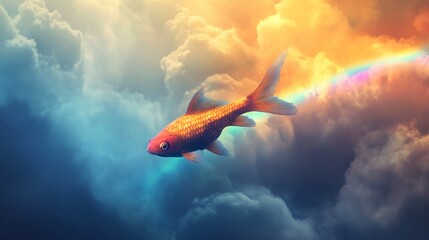 Poster - In a surreal world, a bright fish glides through fluffy clouds, its scales sparkling as it creates a vibrant rainbow trail. This magical moment captures imagination and wonder