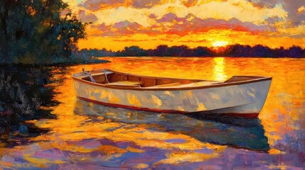 Poster - Sunset cruise on a small boat with calm waters and golden reflections
