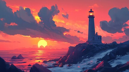 Poster - Sunset view of a lighthouse standing tall on a rocky coastline