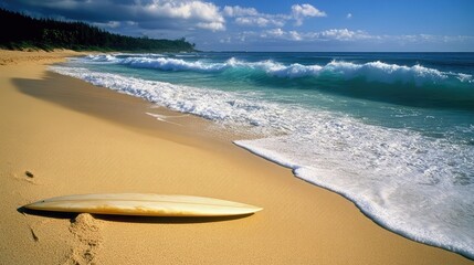 Poster - Surfboard resting on sandy beach with waves rolling in the background