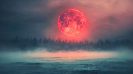 Poster - Surreal fantasy setting with a glowing red moon hovering over a desolate plain surrounded by mist