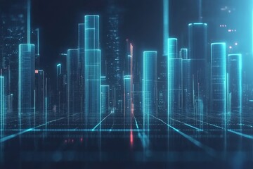 Poster - Futuristic Digital Cityscape with Neon Lights and Geometric Structures Representing Advanced Technology and Urban Development in a Virtual Reality Environment