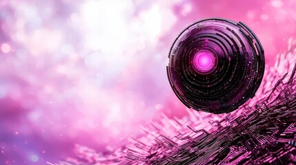 Poster - Abstract futuristic sphere with glowing pink light on a vibrant purple background with intricate digital patterns