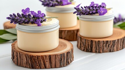 Wall Mural - lavender butter in jars on wooden slices