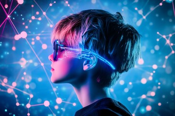 Poster - Futuristic Young Boy in Neon Glasses Surrounded by Digital Connections Representing Technology, Innovation, and Imagination in a Vibrant Sci-Fi Environment