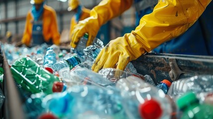 Poster - In a waste management facility, workers in yellow gloves sort through a conveyor belt overflowing with plastic bottles. The focus is on recycling efforts to manage waste.