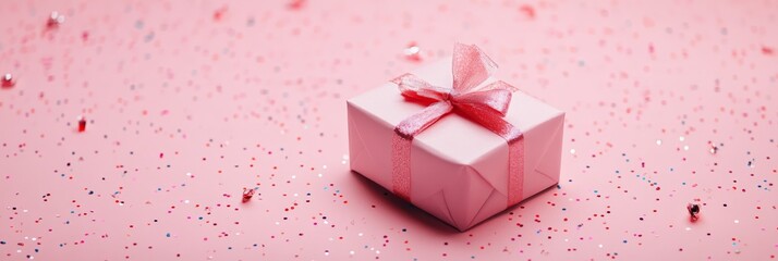 Poster - Beautifully wrapped pink gift box with a matching ribbon resting on a pink background sprinkled with colorful confetti, creating a festive atmosphere for celebrations