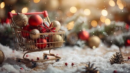 Poster - A shopping cart brimming with colorful Christmas ornaments sits on a snowy surface surrounded by festive decorations. Soft lights twinkle in the background, creating a cozy holiday atmosphere.