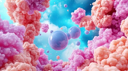 Poster - Colorful abstract formation with bubbles and clouds in a dreamy sky, representing creativity and imagination