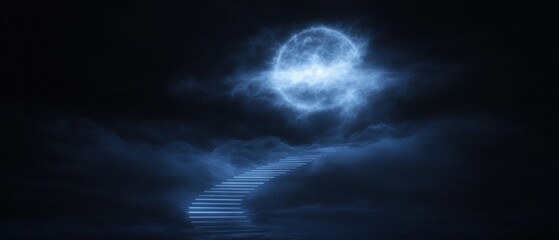 Canvas Print - A dark sky with a glowing moon and a staircase