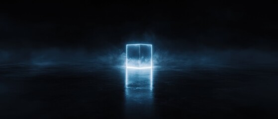 Wall Mural - A dark room with a blue cube in the center