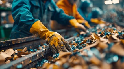 Poster - In a recycling facility, workers clad in protective gear diligently sort through various materials on a conveyor belt. Their careful handling ensures efficient recycling processes.