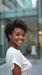 Canvas Print - A cheerful young Black woman with curly hair beams at the camera, radiating positivity in a modern urban environment. Her bright smile and stylish outfit create an inviting atmosphere, capturing the