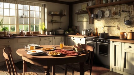 Poster - Traditional English breakfast with eggs, bacon, and baked beans in a cozy dining area