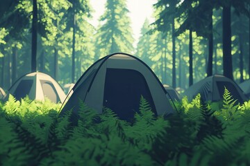 outdoor adventures and camping promote sustainability. tents nestled among lush ferns in a serene fo