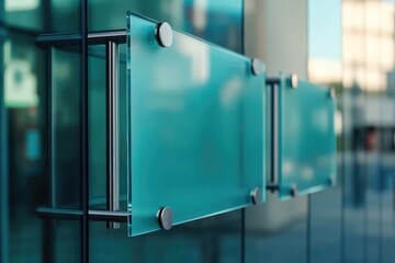 Poster - Transparent glass signage mounted on metal holders, isolated for modern advertisements.