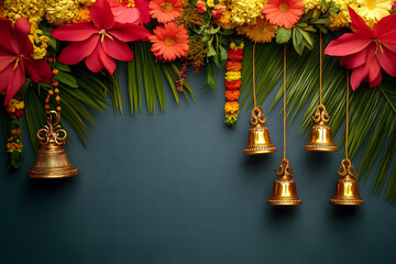 Wall Mural - summer background with tropical flowers, palm leaves and bells on rd background. traditional indian 