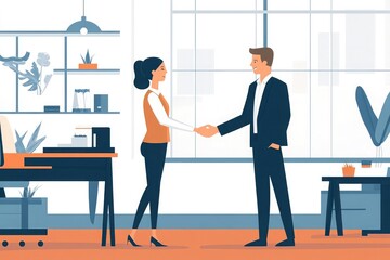 Poster - Two people shaking hands in a professional office environment