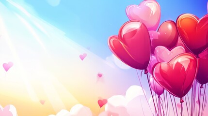 Wall Mural - Colorful heart balloons sky background, pink and red heart decor