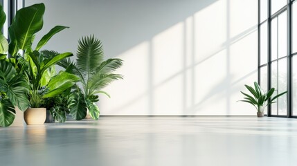 Aufkleber - Sunlight streams through a large window, illuminating potted plants in a modern minimalist interior, creating a tranquil and eco conscious atmosphere