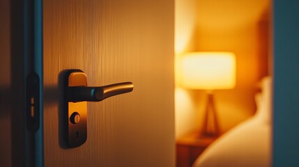 Poster - Warm light illuminating cozy hotel room interior seen through slightly open door, creating inviting and relaxing atmosphere for guests seeking comfortable accommodation