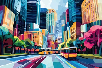 Poster - Vibrant cityscape featuring a dynamic business setting filled with activity and movement