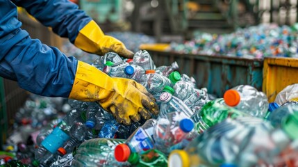 Aufkleber - Workers in protective gloves sort through a large collection of plastic bottles at a recycling facility, ensuring proper waste management.