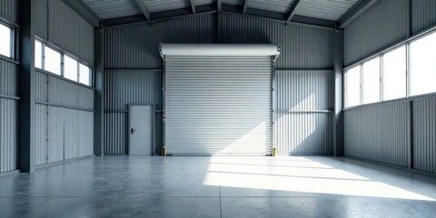 Poster - Empty industrial warehouse with large roll-up door and sunlight streaming through windows