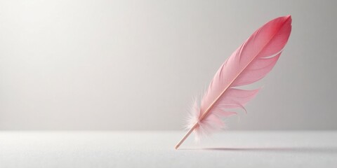 Poster - Single Pink Feather on White Surface Delicate, Airy, and Serene Image