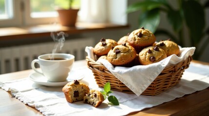 Poster - A delightful breakfast scene with freshly baked chocolate chip muffins and a steaming cup of coffee