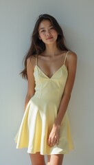 Canvas Print - A young woman with long, flowing hair stands gracefully in a soft yellow dress, radiating warmth and positivity. The gentle light highlights her features, creating an inviting and cheerful atmosphere