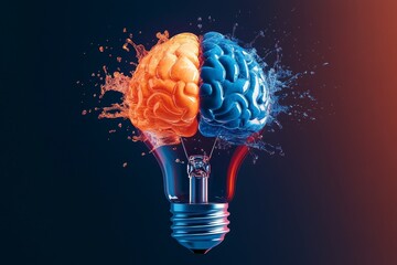 Creative representation of a light bulb merging two colorful brains in artistic splashes of orange and blue