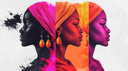 Wall Mural - Women history honors equality and leadership. It empowers activism and inspires. Vibrant Portrait of Woman with Colorful Headscarf and Earrings