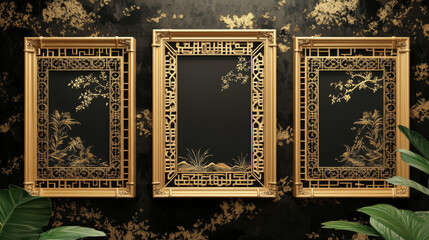 Asian square and rectangular chinese, japanese, korean frames and borders. Vector gold photo frames with traditional asia knot ornaments, embellishment or patterns. Oriental graphic vintage decor set