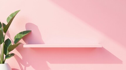 Poster - Pink wall shelf with tropical plant and soft light